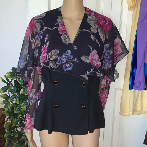 Vintage 80’s pink black sheer chiffon collar bow blazer jacket M - Picture 10 of 12